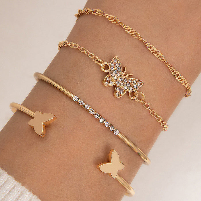 Conjunto de pulseras de diamantes de imitación con dijes geométricos redondos simples: joyería de cuatro piezas para mujeres