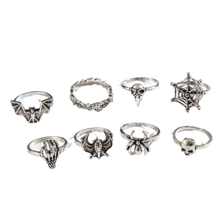 Dark Style Skull Ring Set – Punk Spider & Bat Joint Rings for Halloween, 8-Piece Set