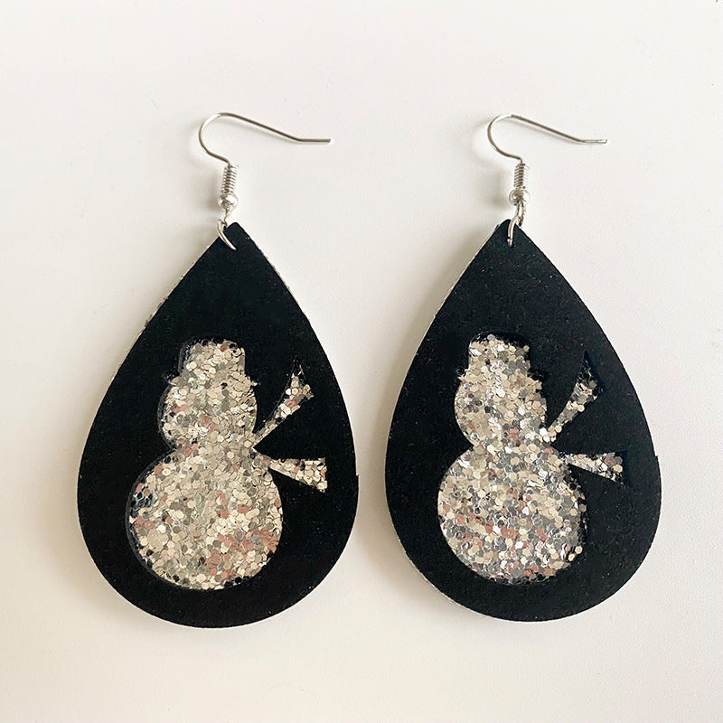 Christmas Teardrop Double-Layer Glitter Leather Earrings with Snowman and Reindeer