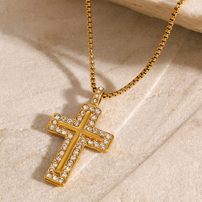 Zircon cross pendant necklace, European and American stainless steel niche design ins style