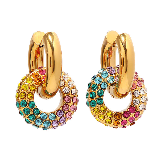 Trendy 18K Gold Plated Multi-Color Zircon Donut Earrings - Fashion Jewelry