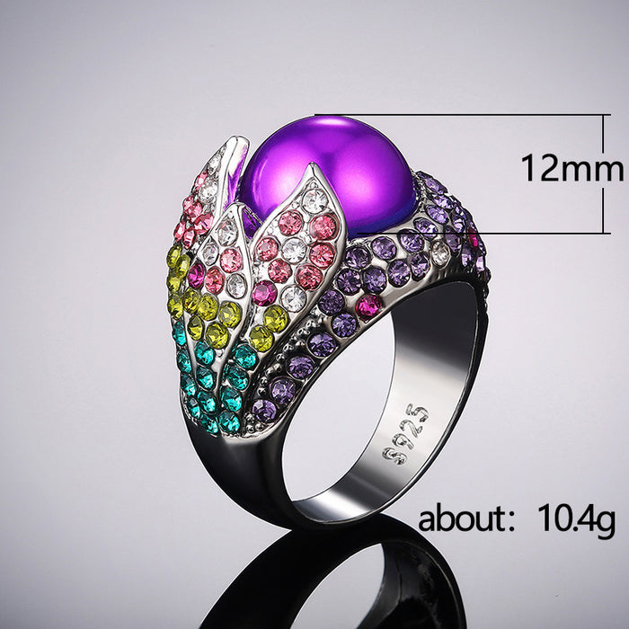 Retro exaggerated petal ring alloy colored diamond inlaid ring