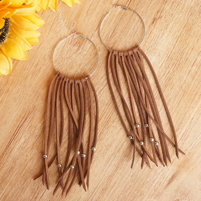 Handcrafted Bohemian Leather Tassel Earrings with High-End Vacation Style