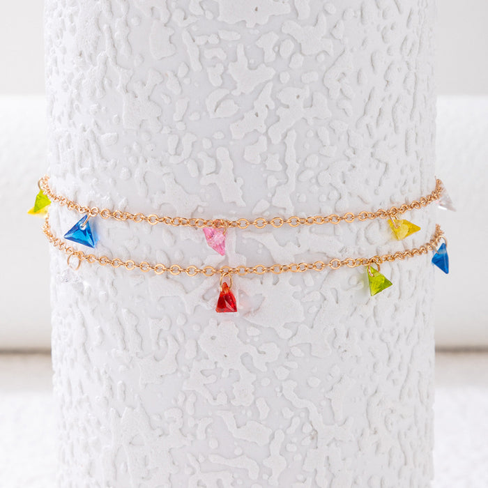 Colorful Gemstone Double-Layer Anklet with Geometric Heart Pendant