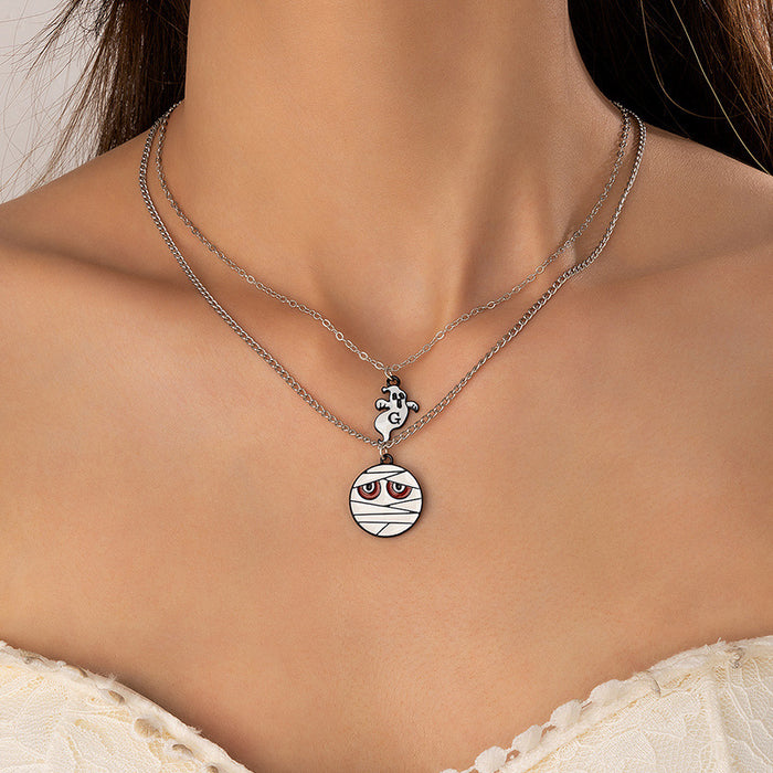 Halloween Ghost and Pumpkin Pendant Necklace - Festive Single-Layer Chain