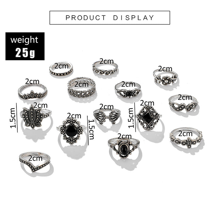 Black oil drip totem geometric lotus ring 14 pieces set