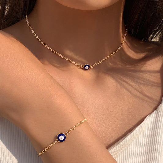 Conjunto de collar y pulsera minimalistas en azul: conjunto de joyas geométricas redondas