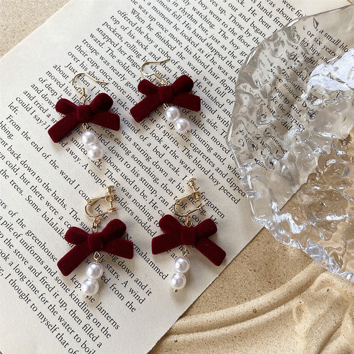 Red velvet bow earrings autumn and winter pearl earrings