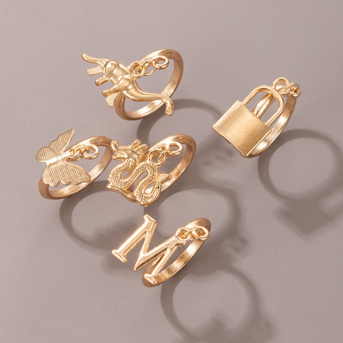 Dinosaur letter lock butterfly alloy 5-piece ring set for women