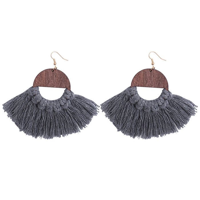 Macrame Handwoven Wooden Earrings with Natural Tassels in a Stylish Ethnic Design