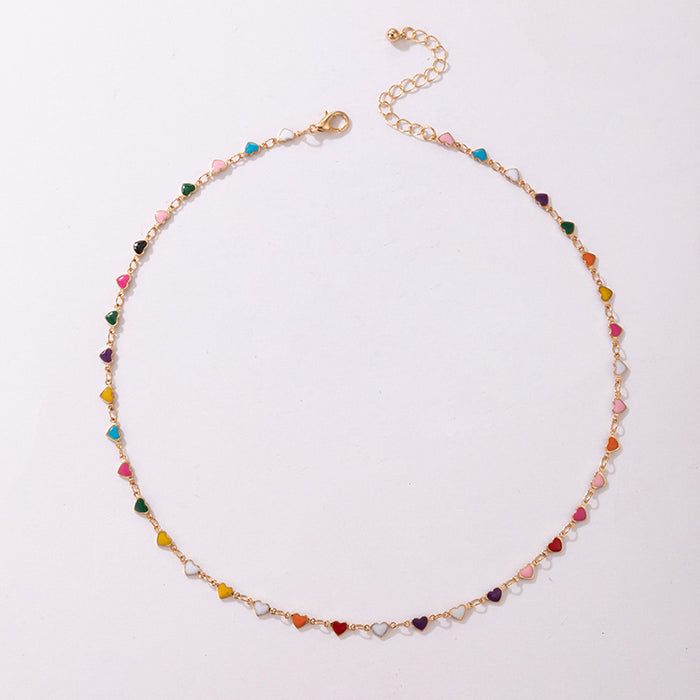 Colorful Heart Drop Oil Necklace with Multi-Color Heart-Shaped Clavicle Chain