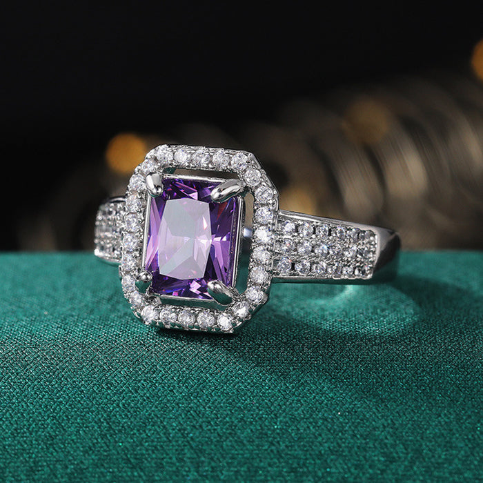 Anillo cuadrado de doble capa con topacio y diamante morado