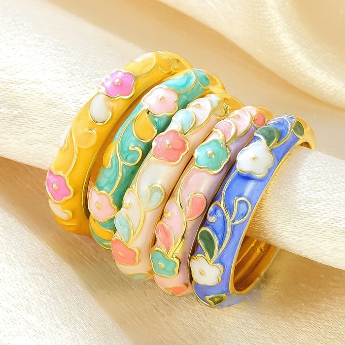 Wholesale enamel colored flower drip glaze open rings