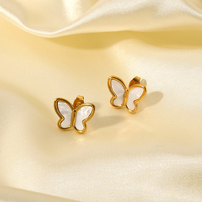 Elegantes pendientes de mariposa de concha blanca natural en oro de 18 quilates de estilo francés: joyería de acero inoxidable y titanio para mujer