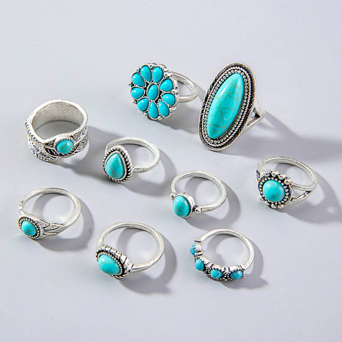 Vintage Turquoise Ring Set - 9pcs Exaggerated Oval Cactus Rings