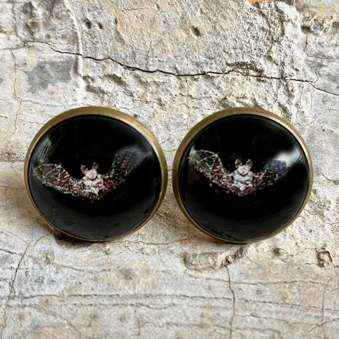 Vintage Glass Skull and Bat Stud Earrings with Halloween Gothic Style