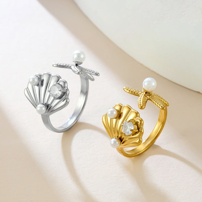 Wholesale stainless steel 18K gold scallop rings set with white beads