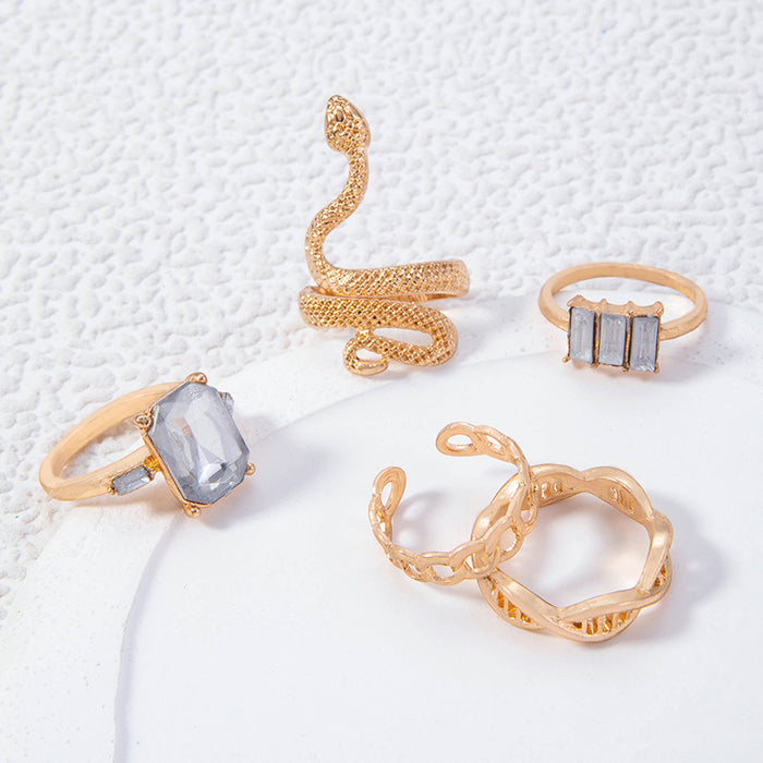 Hip-Hop Snake Ring Set - Creative Geometric Rhinestone Gemstone Five-Piece Set