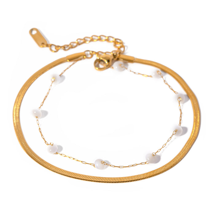 18K Gold Plated Stainless Steel Blade Chain and Shell Bead Anklet - Trendy Fashion Jewelry