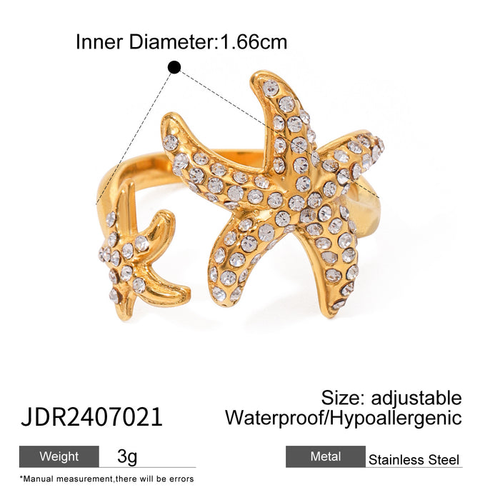 Stainless steel starfish open ring with full diamonds