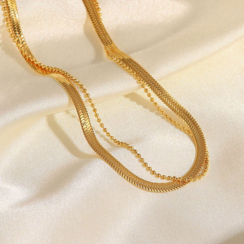 French Style Titanium Steel Anklet - 18K Gold Polished Blade Chain and Snake Chain Double Layer Anklet - wallojewerly 