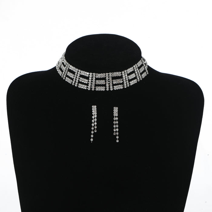 Double-Layer Rhinestone Necklace - Trendy Choker with a Sparkling Earring Set