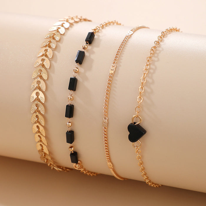 Bohemian Black Heart and Geometric Chain Bracelet Set – Ins-Style Women’s Jewelry