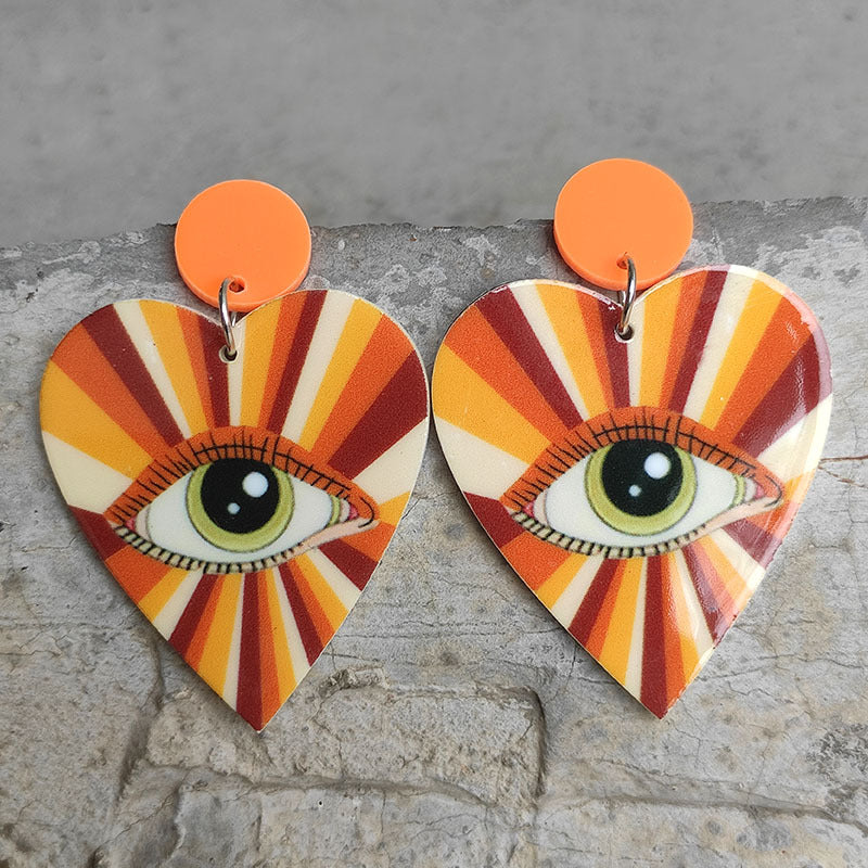 Retro Disco Ball Heart and Eye Earrings with Rainbow Design - wallojewerly 