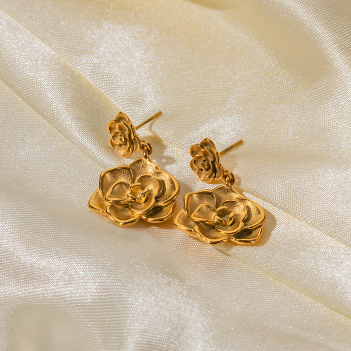 18K Gold Plated Stainless Steel Rose Flower Drop Earrings - Tarnish-Resistant Fashion Jewelry