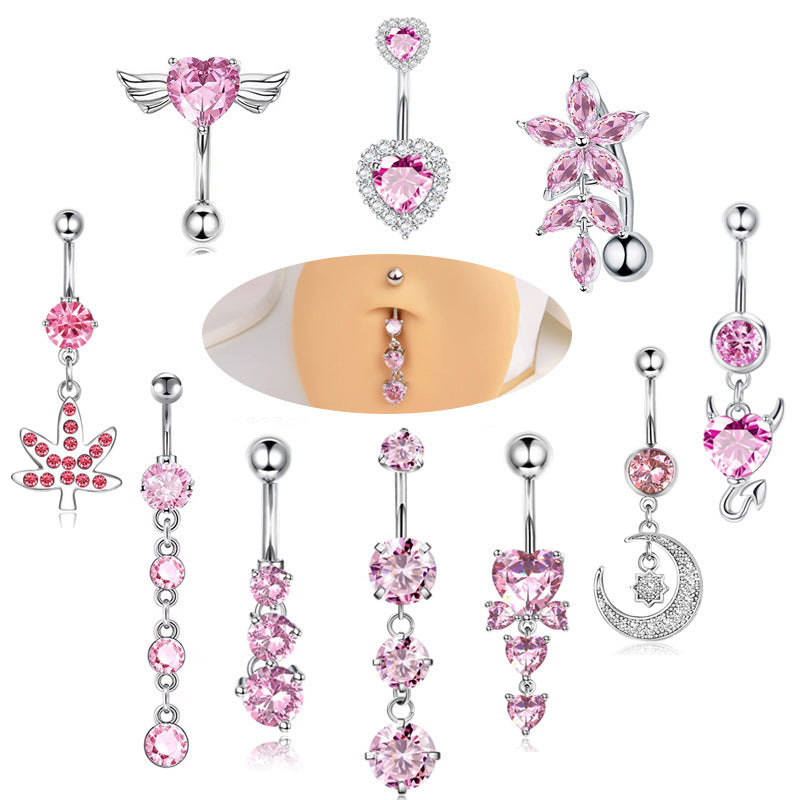 Pink Stainless Steel Zircon Double Heart Curved Barbells for Navel - wallojewerly 