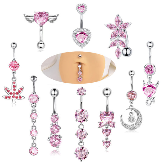 Pink Stainless Steel Zircon Double Heart Curved Barbells for Navel - wallojewerly 