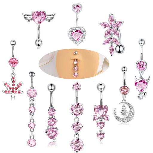 Pink Stainless Steel Zircon Double Heart Curved Barbells for Navel - wallojewerly 