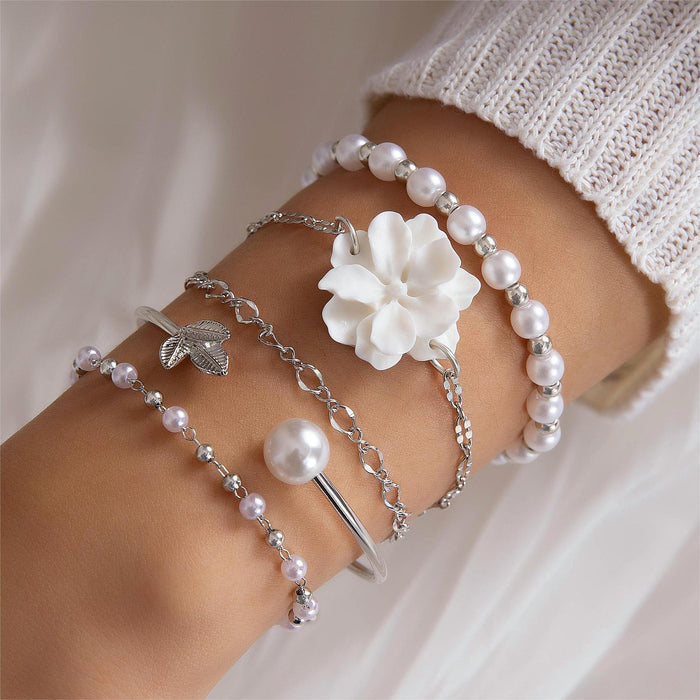 White Flower and Pearl Bracelet Set - Five-Piece Vacation Jewelry