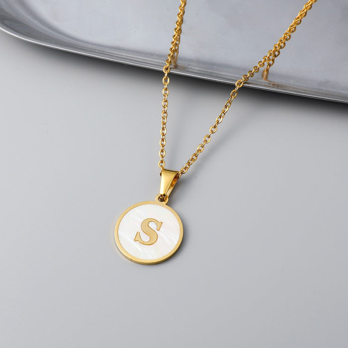 Round shell letter necklace, 18K stainless steel clavicle chain wholesale