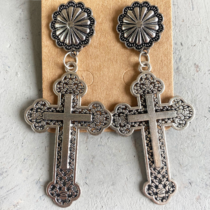 Vintage Cross and Pumpkin Flower Earrings with Turquoise and Alloy Design