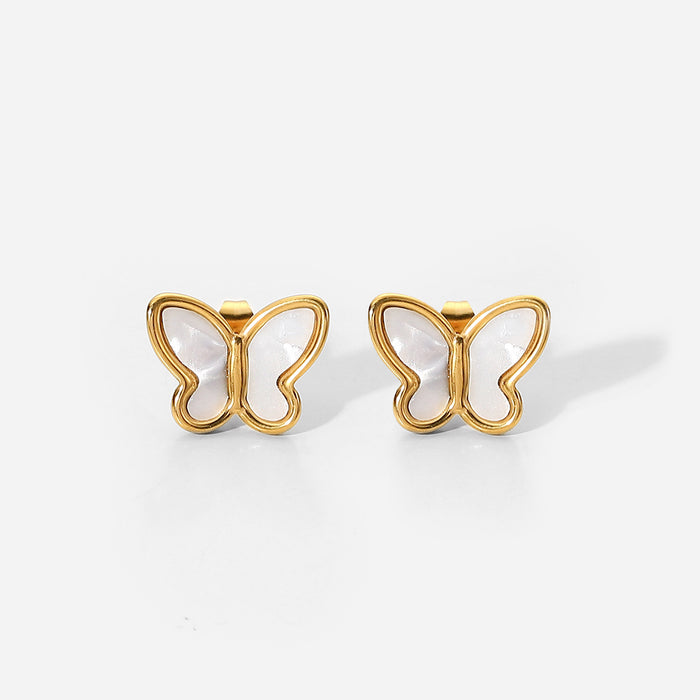 Elegantes pendientes de mariposa de concha blanca natural en oro de 18 quilates de estilo francés: joyería de acero inoxidable y titanio para mujer