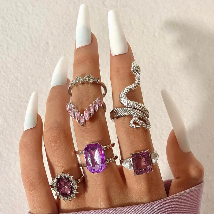 Purple Luxe Snake-Inspired Faux Gemstone Diamond Ring Set – Elegant Geometric Open Rings, 6-Piece Collection