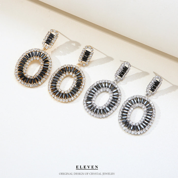 Silver Zircon Oval Earrings - Vintage Exaggerated Studs for a Luxurious Look