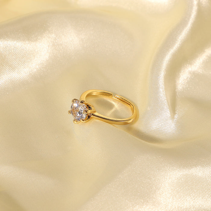 18K Gold Plated Copper Ring with White Round Zircon - Elegant Six-Prong Setting