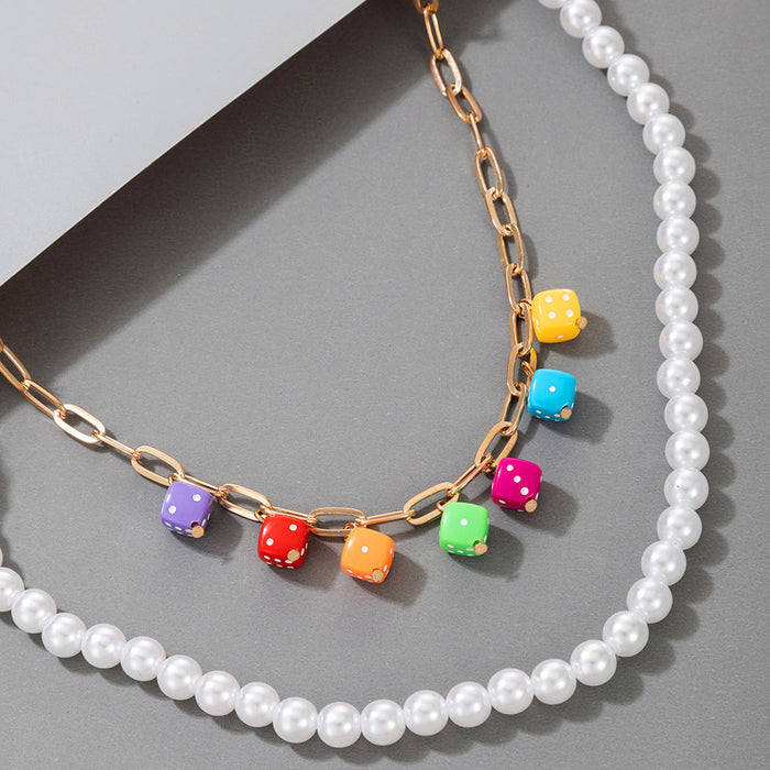 Colorful Resin Dice Multi-Layer Necklace with Chain Pearl Bead Two-Layer Clavicle Chain