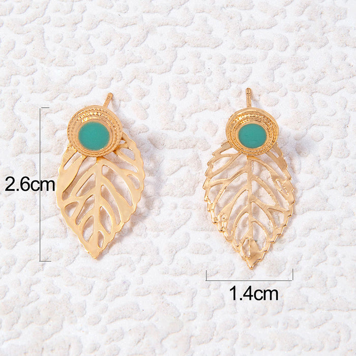 Retro leaf earrings imitation turquoise light luxury temperament earrings