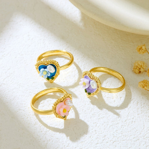 Wholesale copper micro-inlaid enamel painted flower heart-shaped open ring - wallojewerly 