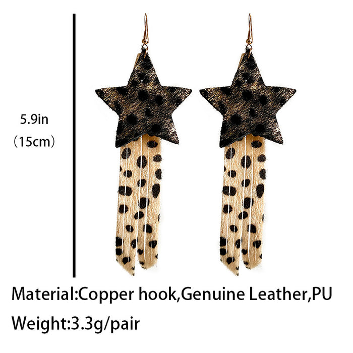 Creative Western Leather Leopard Print Earrings with Star Tassel Design