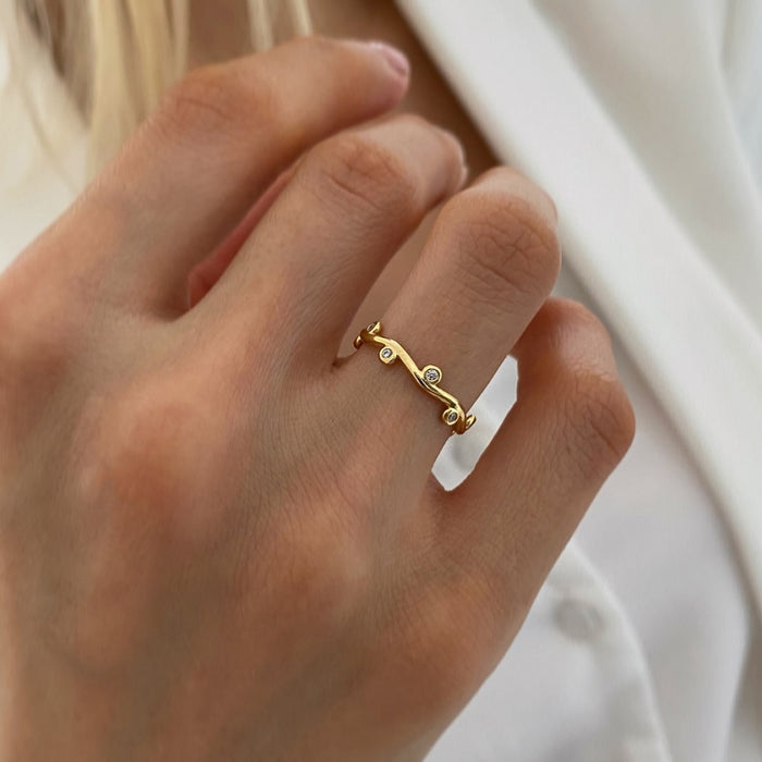 18K Gold Plated Leaf-Shape Open Ring with White Zircon - Women's Trendy Jewelry