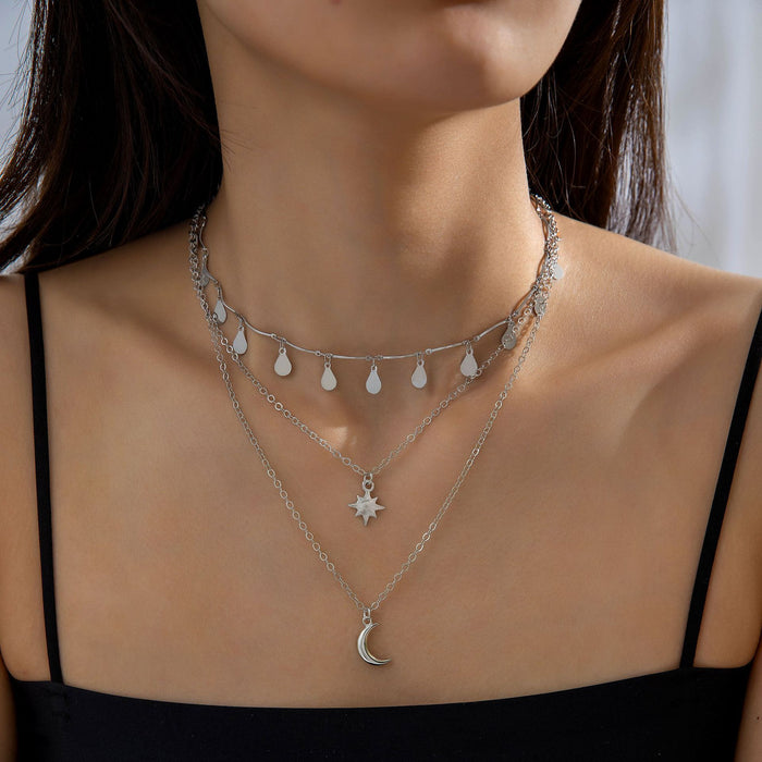 Metal Water Drop Star Moon Three-Layer Necklace with Exaggerated Multi-Layer Clavicle Chain