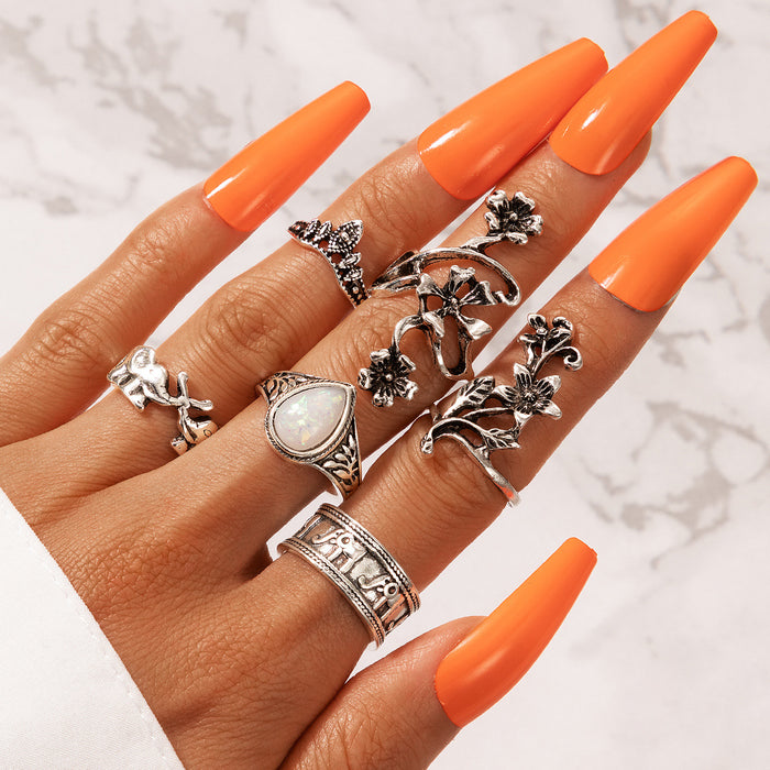 Retro ethnic style flower diamond elephant ring 7-piece set