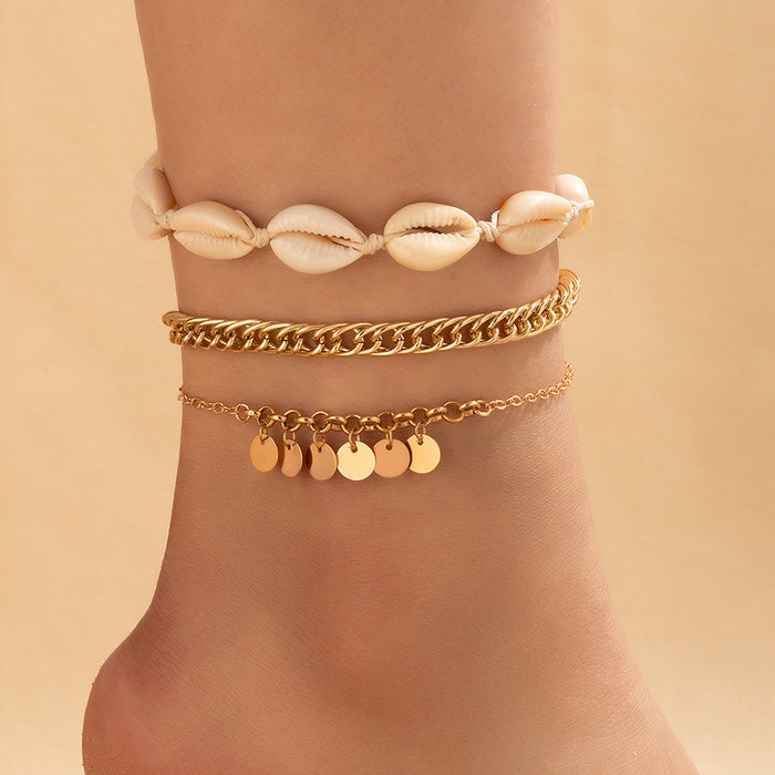 Beach-Style Shell Triple-Layer Anklet with Geometric Disc Chain Design