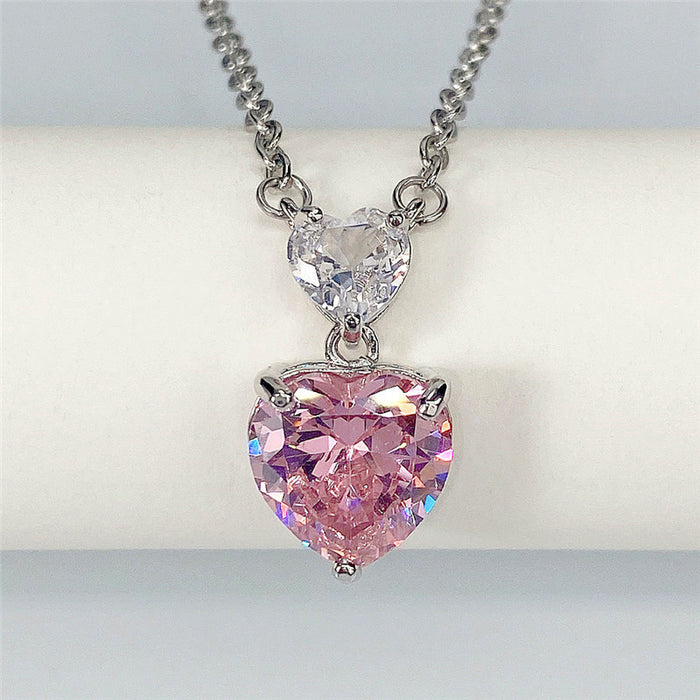 Korean double heart pink diamond women's necklace, cute peach heart zircon small pendant