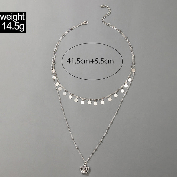 Vintage Crown Pendant Double Layer Necklace with Silver Alloy Discs