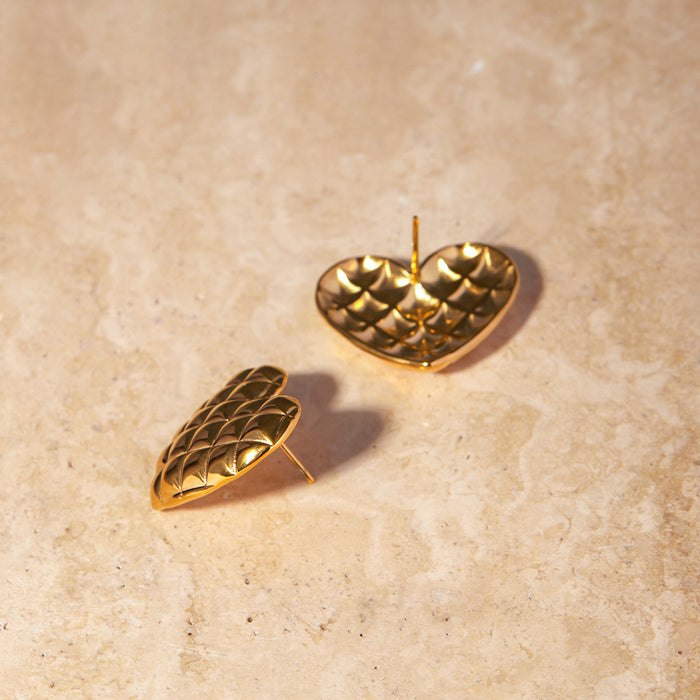 18K Gold Stainless Steel Quilted Heart Earrings - Titanium Steel Non-Fading Grid Design